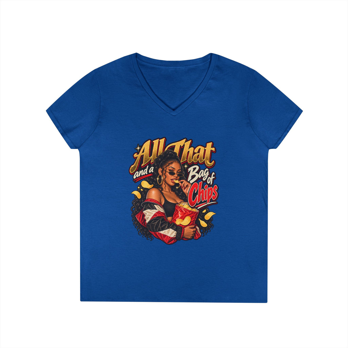 All That and a Bag of Chips V-Neck T-Shirt | Retro Pinup Snack Graphic | 90s 00s Hip Hop Pop Culture Nostalgia