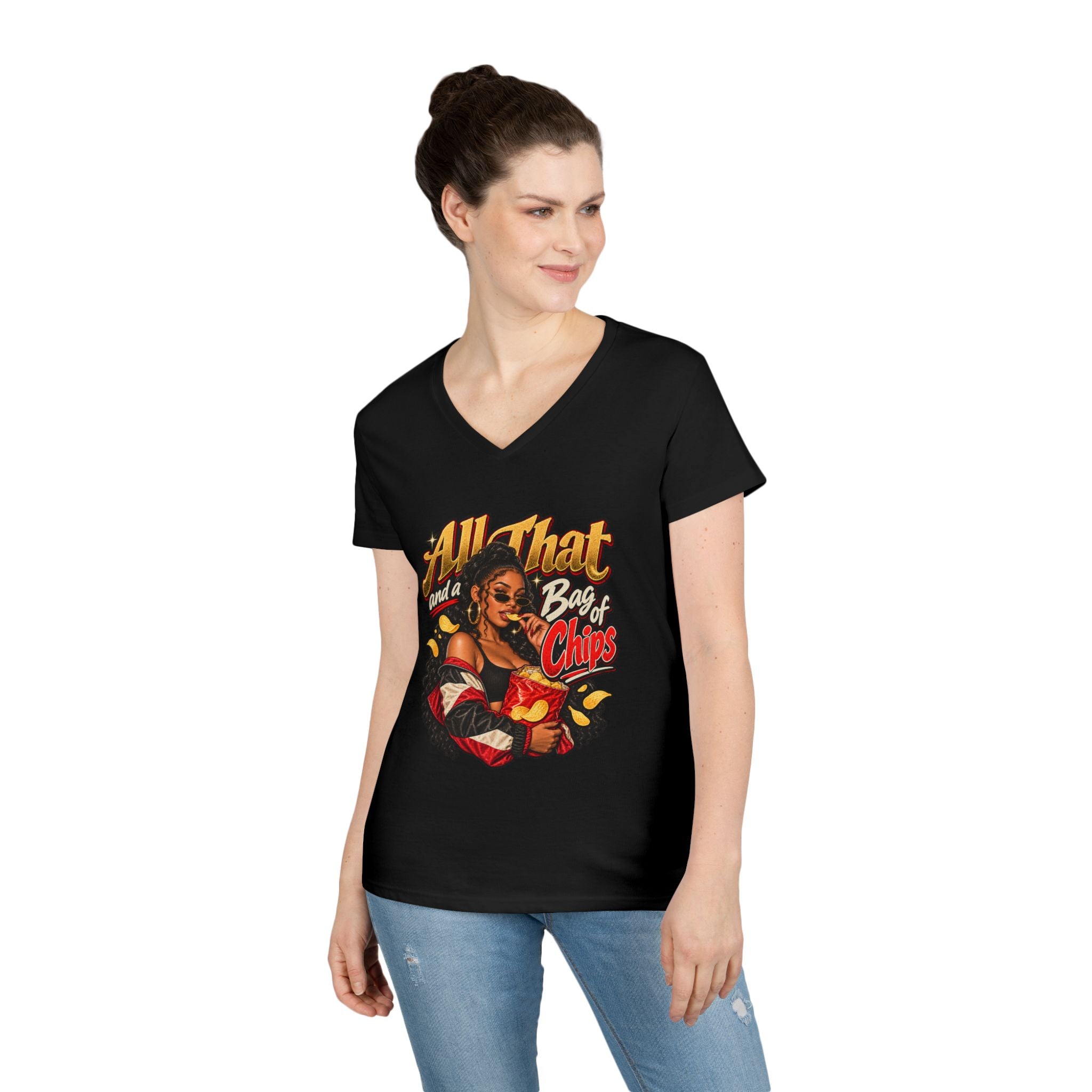 All That and a Bag of Chips V-Neck T-Shirt | Retro Pinup Snack Graphic | 90s 00s Hip Hop Pop Culture Nostalgia