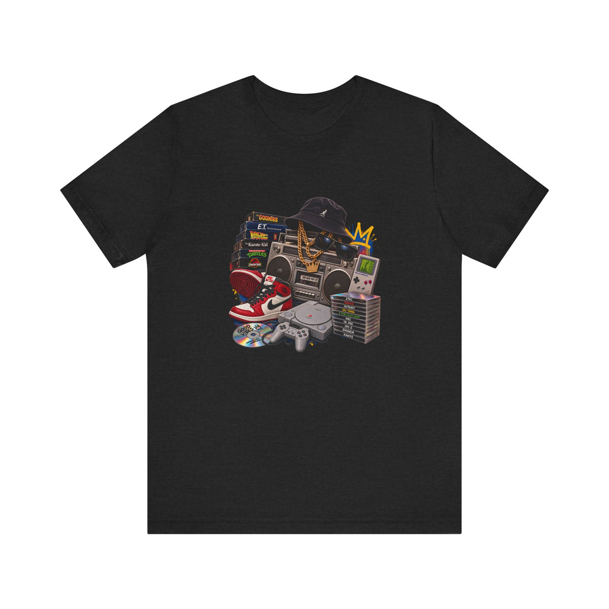 Retro Hip Hop Collage Tee | Boombox, Sneakers, Cassette, Game Handheld