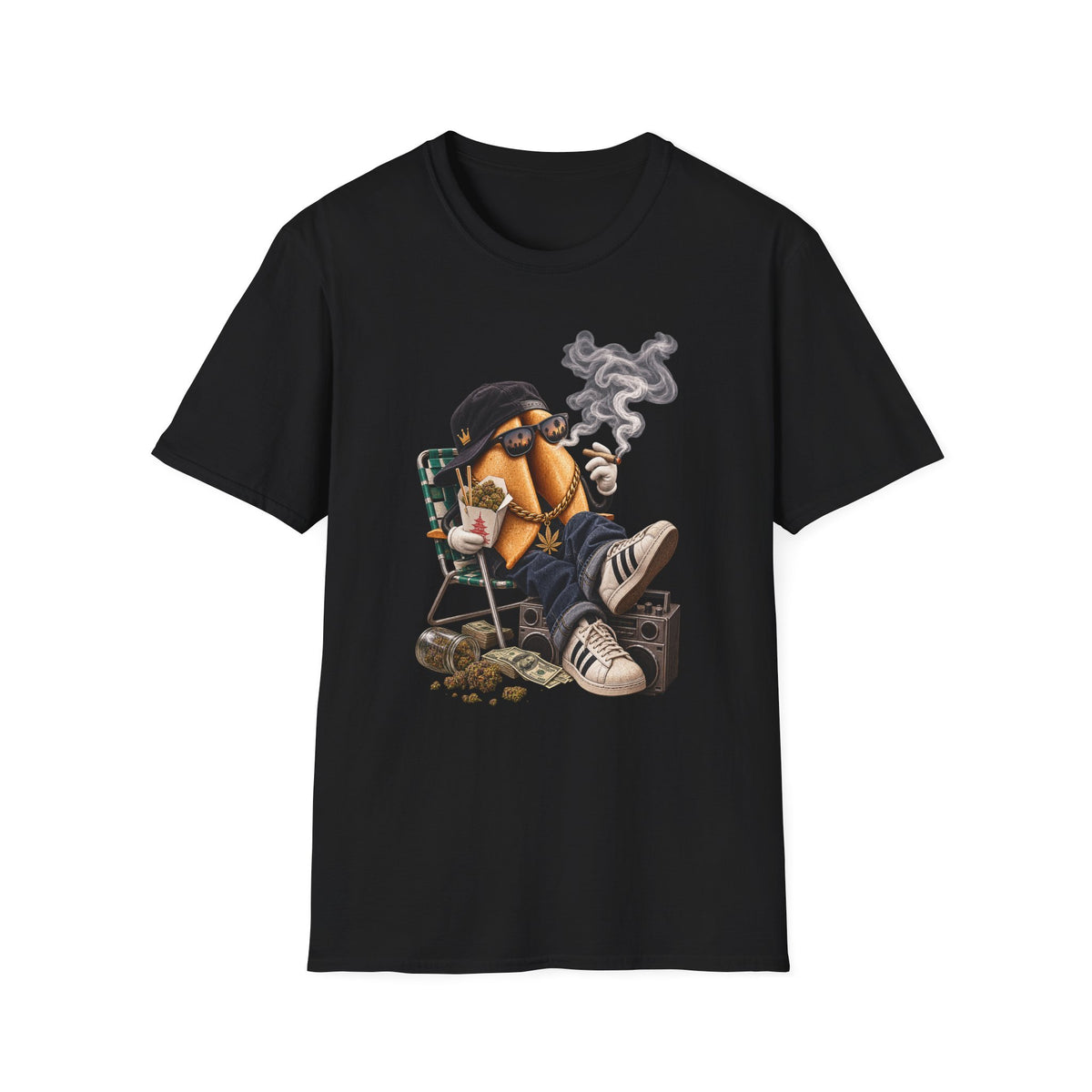 Chill Hot Dog Character T-Shirt | Smoking Cartoon Sausage Graphic | 1990's 2000's Nostalgia Throwback
