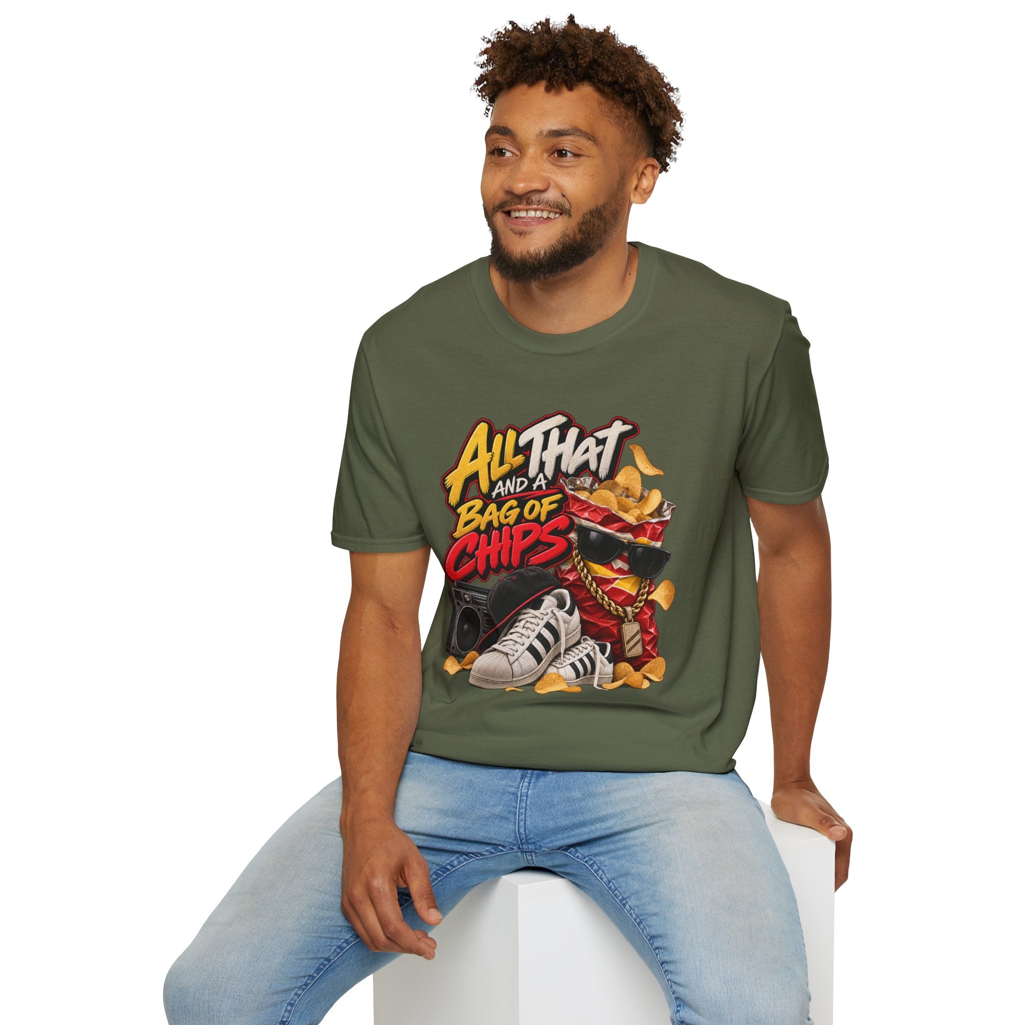 All That and a Bag of Chips T-Shirt | Retro Snack Graphic Tee | 90's 00's Hip Hop Pop Culture