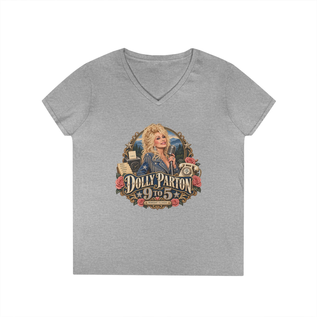 9 to 5 Retro Country Music V-Neck T-Shirt | Vintage Singer Graphic | Dolly Parton Tribute Memorial